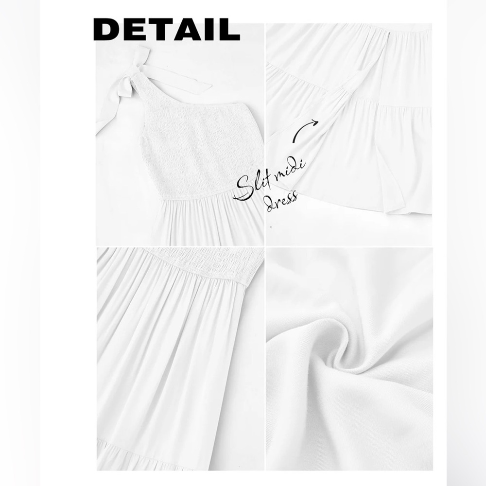 Women's Summer One Shoulder Sleeveless Knot Smocked Midi Dress Split Flowy NWT M - Picture 2 of 4